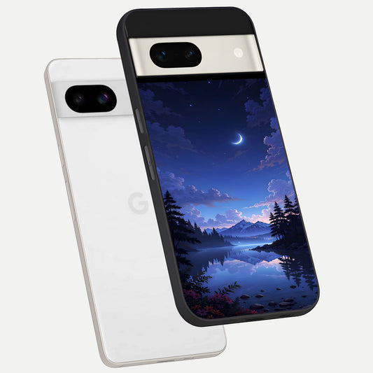  Midnight Lake Peace phone case For Google Pixel 7A showing premium glass back cover with detailed artwork