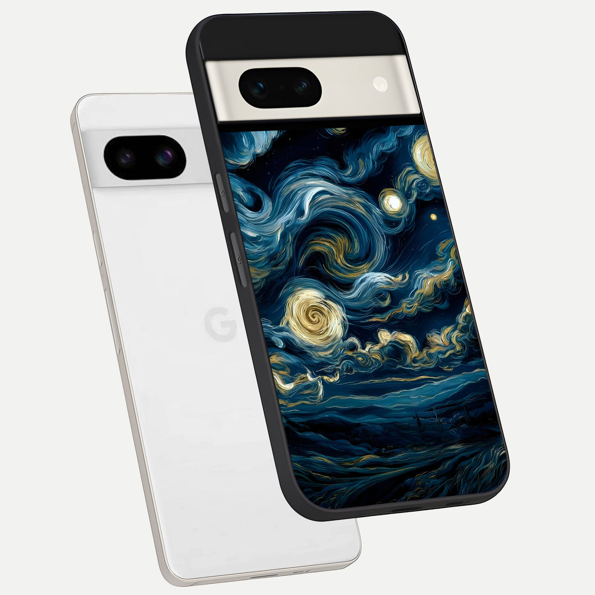  Midnight Sky Whirl phone case For Google Pixel 7A showing premium glass back cover with detailed artwork