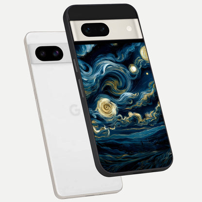  Midnight Sky Whirl phone case For Google Pixel 7A showing premium glass back cover with detailed artwork