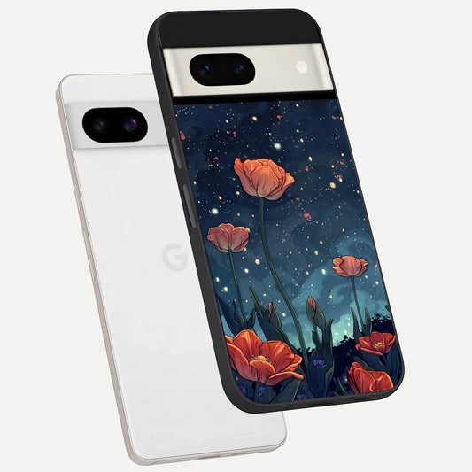  Midnight Tulip Glow phone case For Google Pixel 7A showing premium glass back cover with detailed artwork
