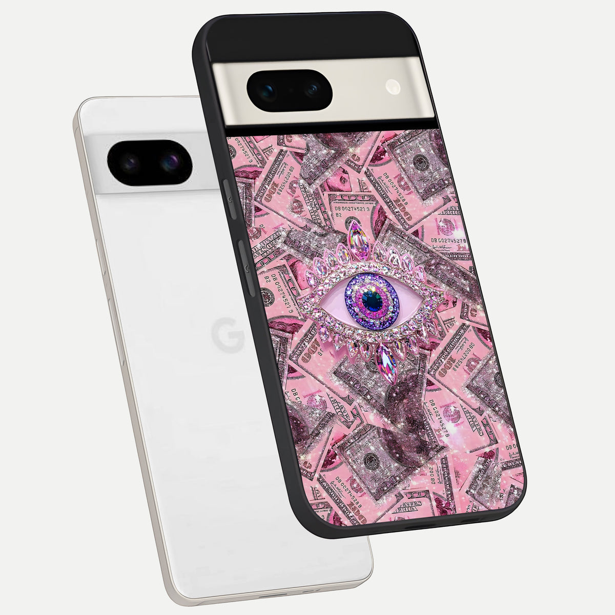 Money Eye Luxe phone case For Google Pixel 7A showing premium glass back cover with detailed artwork