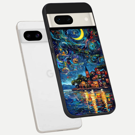  Moonlight Harbor Glow phone case For Google Pixel 7A showing premium glass back cover with detailed artwork