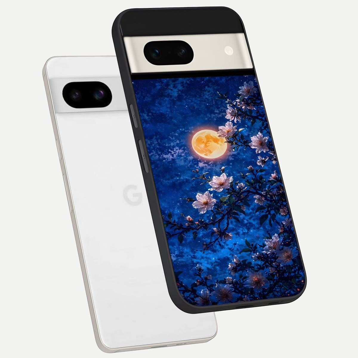  Moonlit Blossoms Night phone case For Google Pixel 7A showing premium glass back cover with detailed artwork