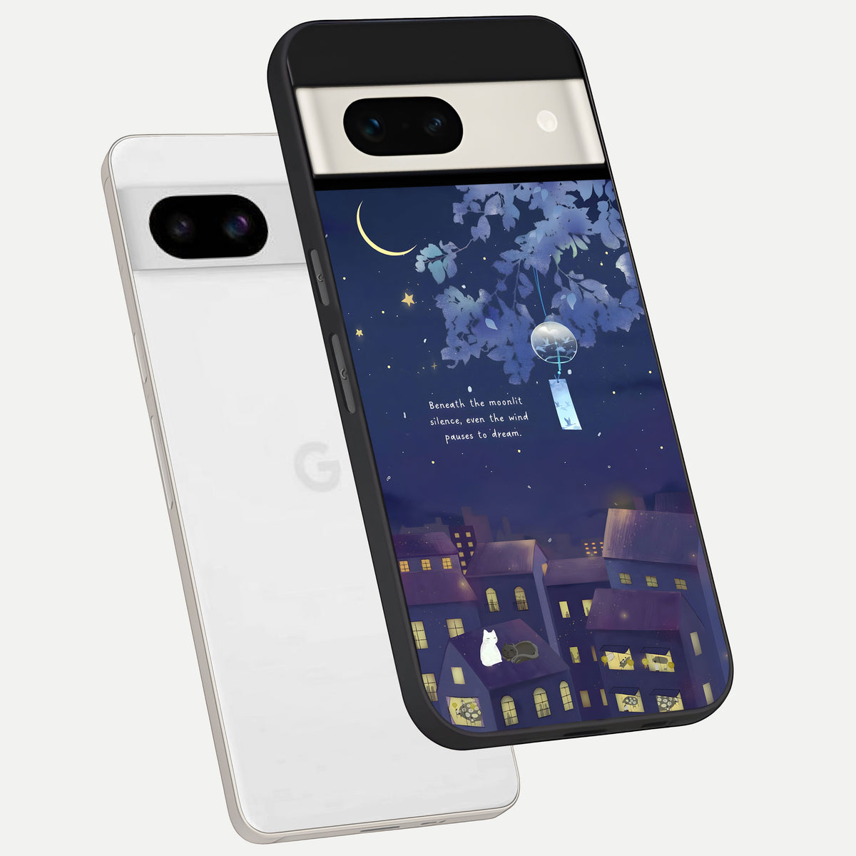  Moonlit Cat Silence phone case For Google Pixel 7A showing premium glass back cover with detailed artwork