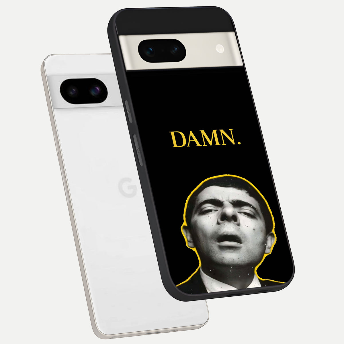  Mr Bean Damn phone case For Google Pixel 7A showing premium glass back cover with detailed artwork