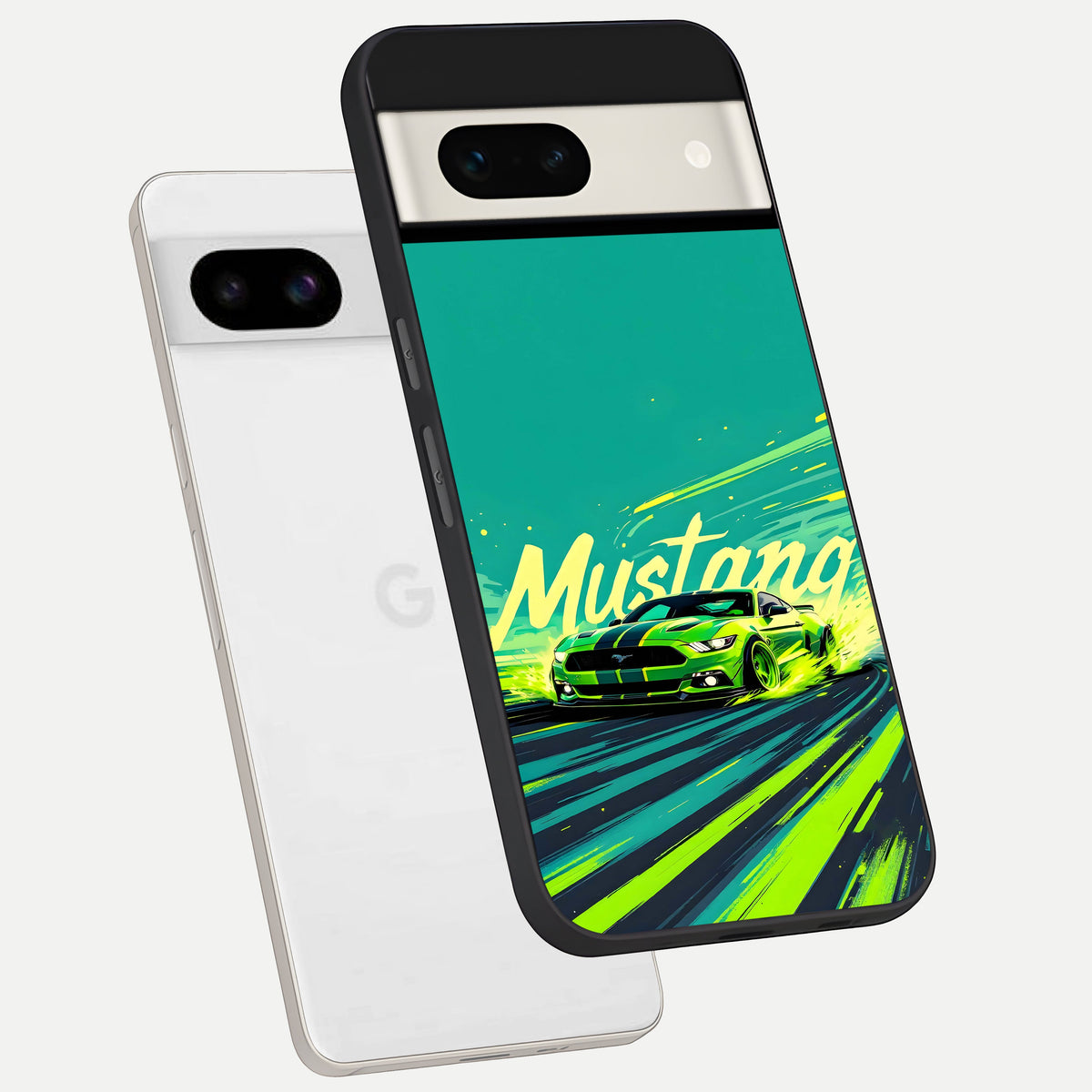  Mustang Bang phone case For Google Pixel 7A showing premium glass back cover with detailed artwork