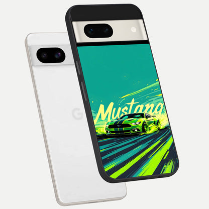  Mustang Bang phone case For Google Pixel 7A showing premium glass back cover with detailed artwork
