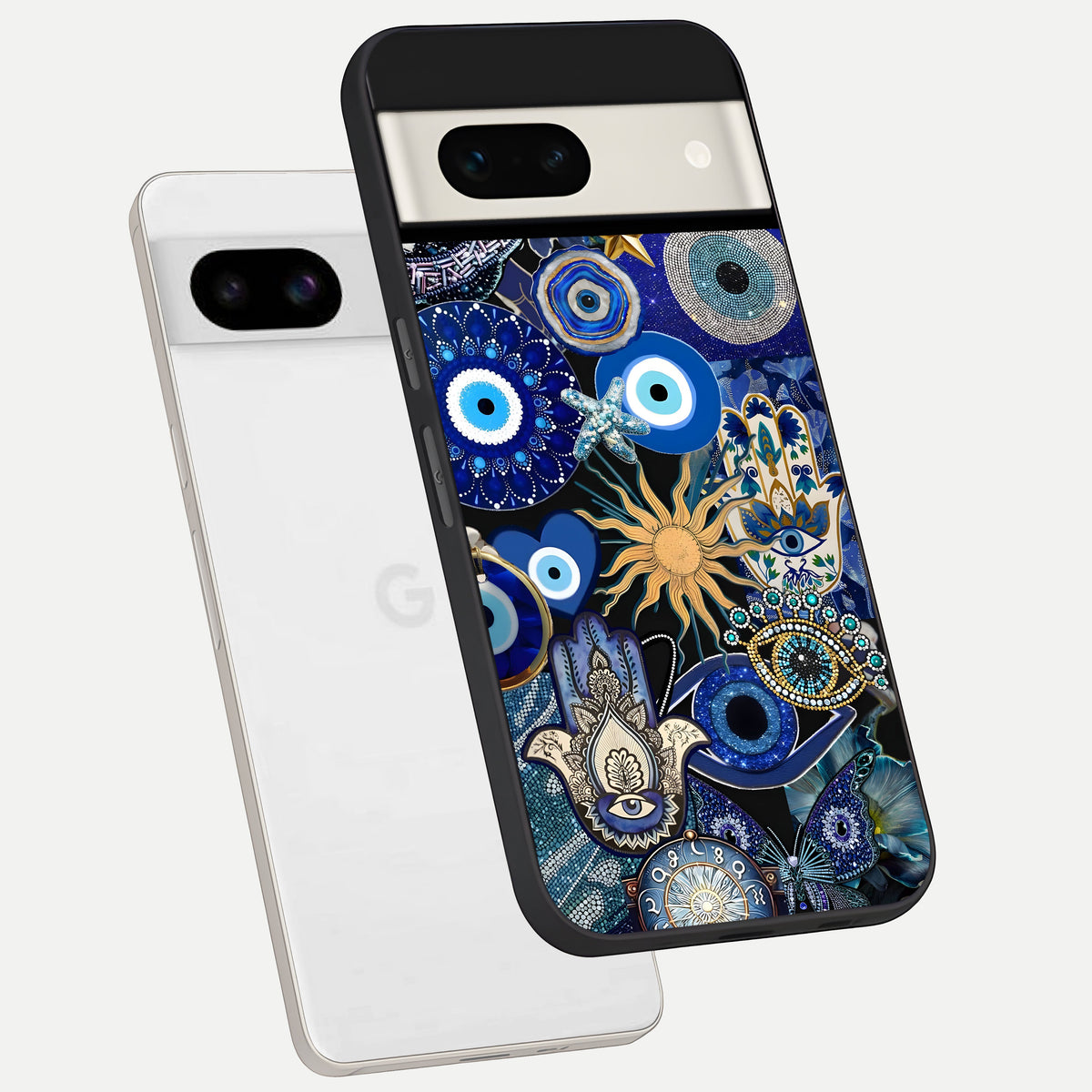  Mystic Blue Evil Eye phone case For Google Pixel 7A showing premium glass back cover with detailed artwork