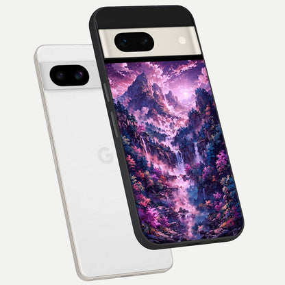  Mystic Cascade Peaks phone case For Google Pixel 7A showing premium glass back cover with detailed artwork