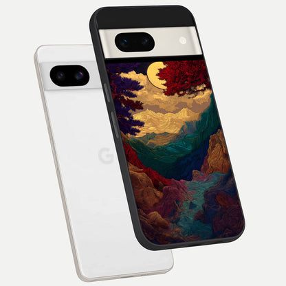  Mystic Valley Light phone case For Google Pixel 7A showing premium glass back cover with detailed artwork