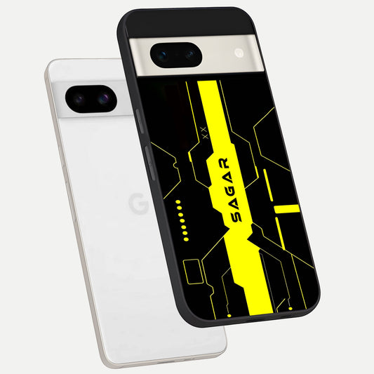  Neon CYBERPUNK Custom Name phone case For Google Pixel 7A showing premium glass back cover with detailed artwork