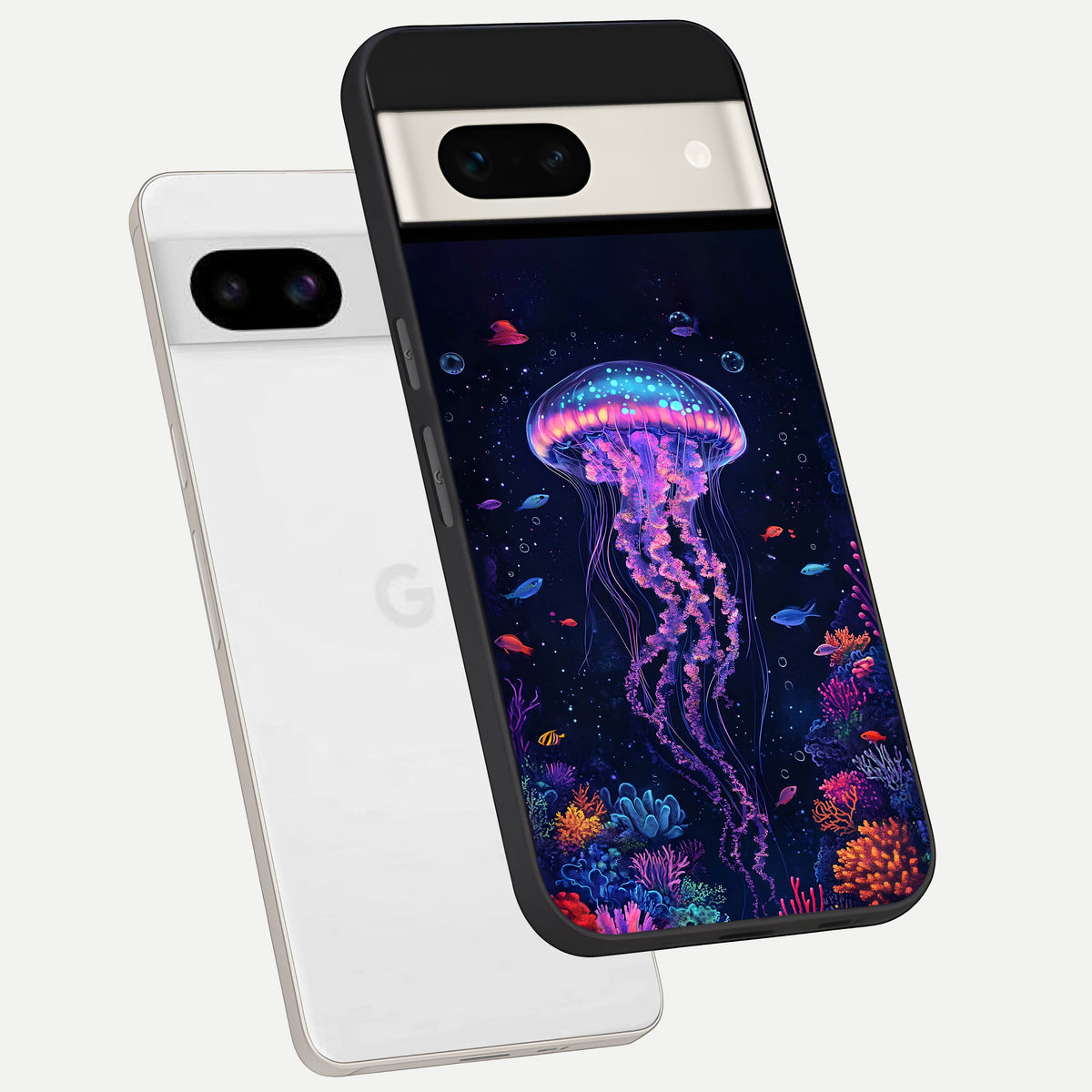  Neon Jellyfish phone case For Google Pixel 7A showing premium glass back cover with detailed artwork