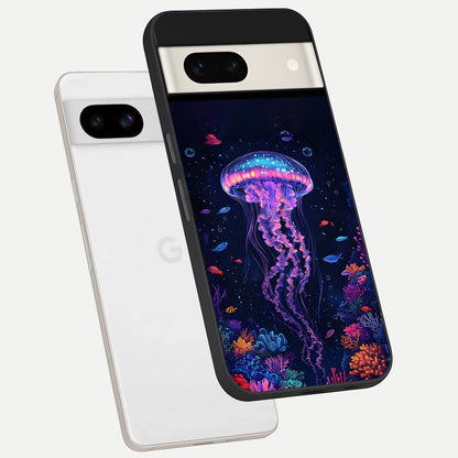  Neon Jellyfish phone case For Google Pixel 7A showing premium glass back cover with detailed artwork