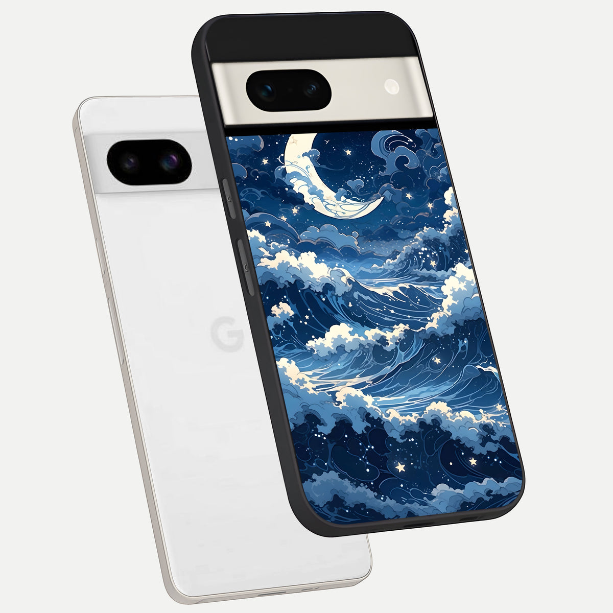  Ocean Moon Waves phone case For Google Pixel 7A showing premium glass back cover with detailed artwork