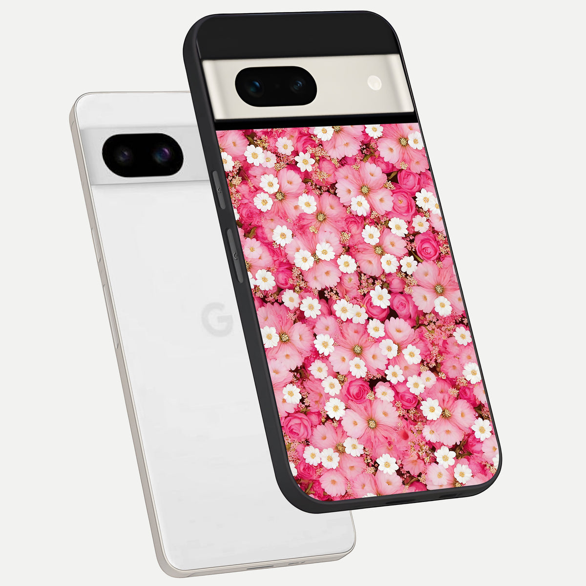  Pink Daisy Bliss phone case For Google Pixel 7A showing premium glass back cover with detailed artwork