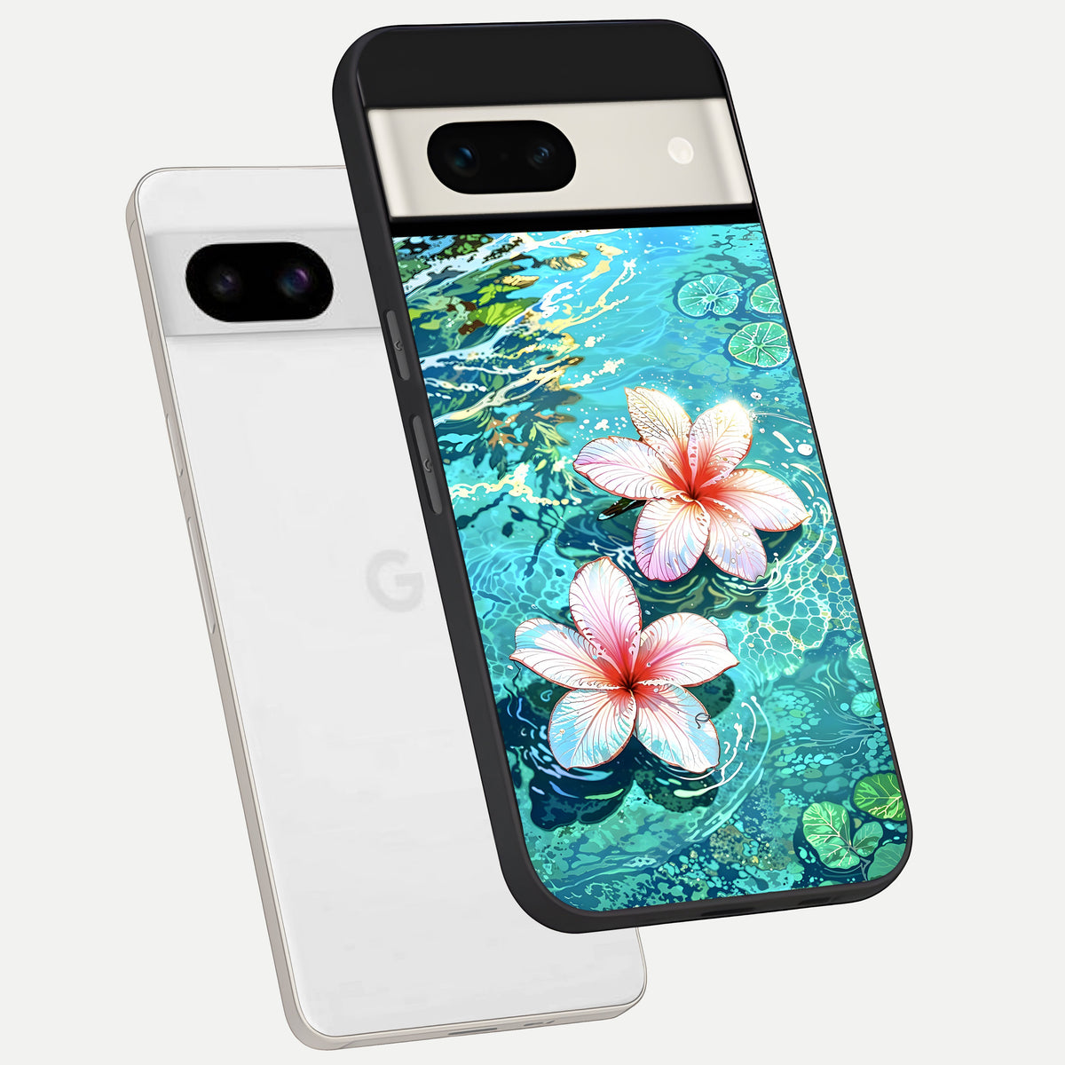  Pink Flowers in Water phone case For Google Pixel 7A showing premium glass back cover with detailed artwork
