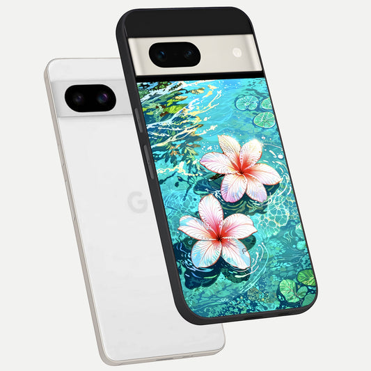  Pink Flowers in Water phone case For Google Pixel 7A showing premium glass back cover with detailed artwork