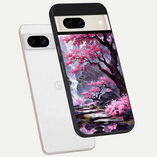  Pink Sunflower Glow phone case For Google Pixel 7A showing premium glass back cover with detailed artwork
