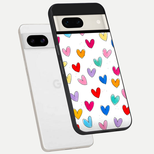  Playful Love Doodles phone case For Google Pixel 7A showing premium glass back cover with detailed artwork