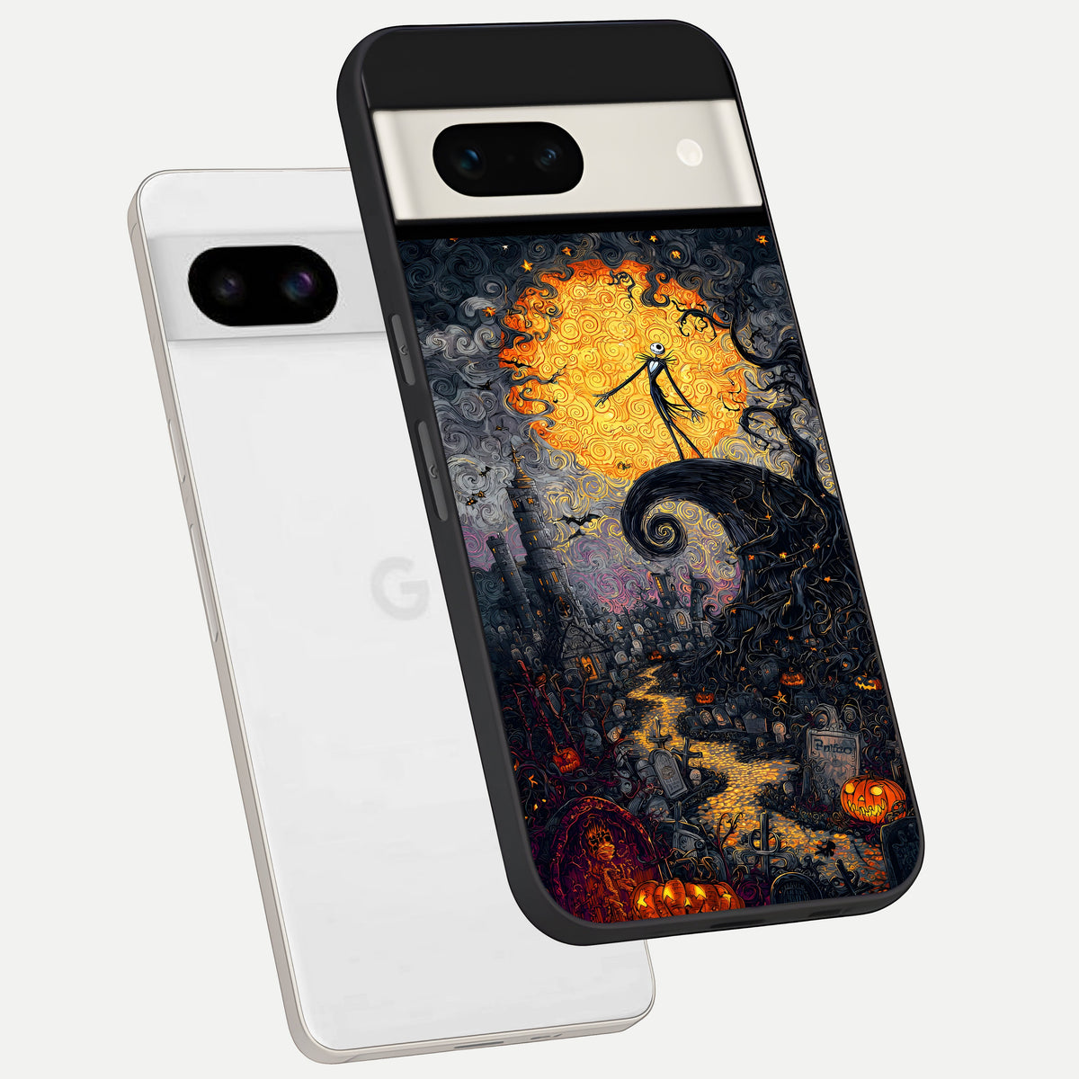  Pumpkin Moon Night phone case For Google Pixel 7A showing premium glass back cover with detailed artwork