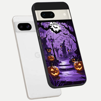  Pumpkin Patch Halloween phone case For Google Pixel 7A showing premium glass back cover with detailed artwork
