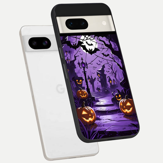  Pumpkin Patch Halloween phone case For Google Pixel 7A showing premium glass back cover with detailed artwork