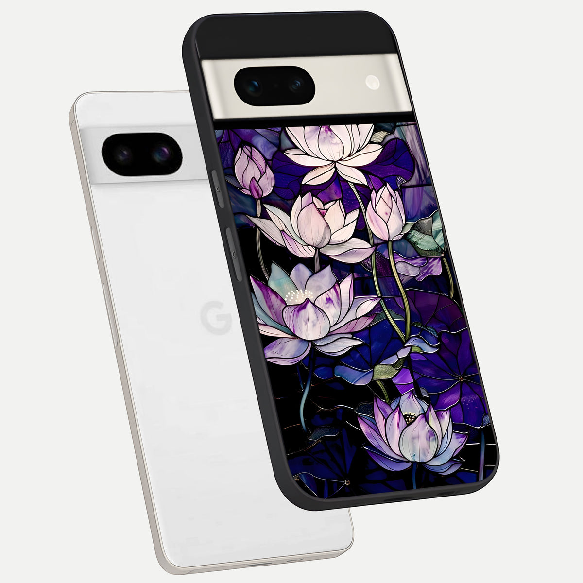  Purple Lotus Pattern phone case For Google Pixel 7A showing premium glass back cover with detailed artwork