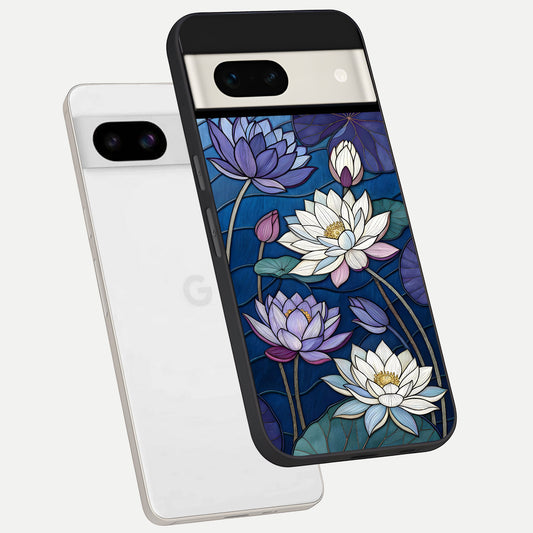  Purple Lotus Stained phone case For Google Pixel 7A showing premium glass back cover with detailed artwork
