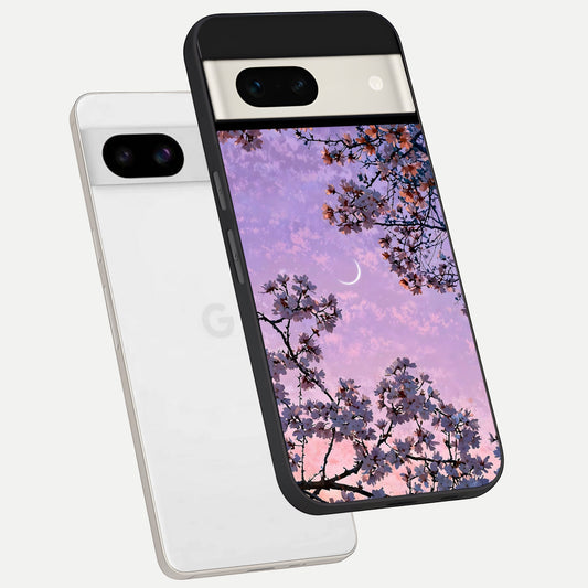  Purple Serenity Moon phone case For Google Pixel 7A showing premium glass back cover with detailed artwork