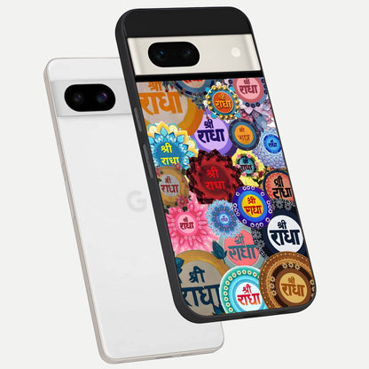  Radha Divine Bloom phone case For Google Pixel 7A showing premium glass back cover with detailed artwork