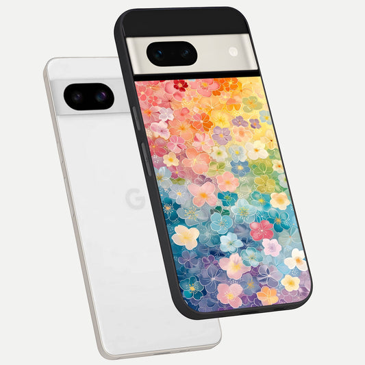  Rainbow Blossom Burst phone case For Google Pixel 7A showing premium glass back cover with detailed artwork