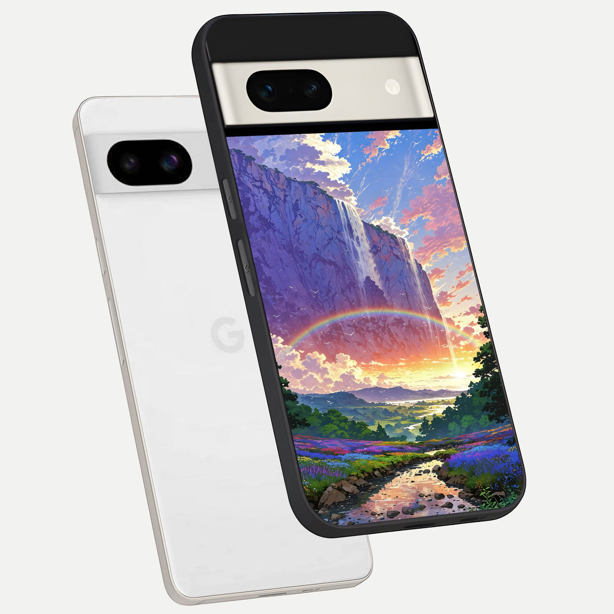  Rainbow Valley Dream phone case For Google Pixel 7A showing premium glass back cover with detailed artwork