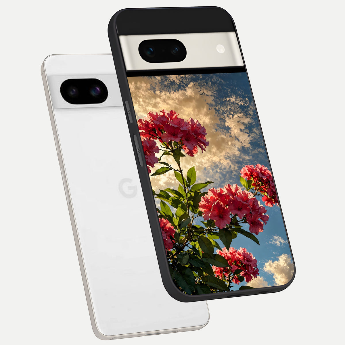  Red Bloom Skies phone case For Google Pixel 7A showing premium glass back cover with detailed artwork