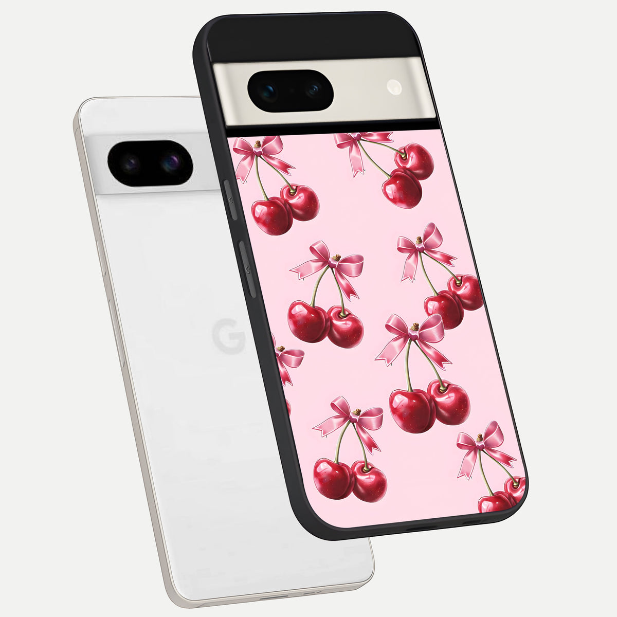  Red Cherries Pattern phone case For Google Pixel 7A showing premium glass back cover with detailed artwork