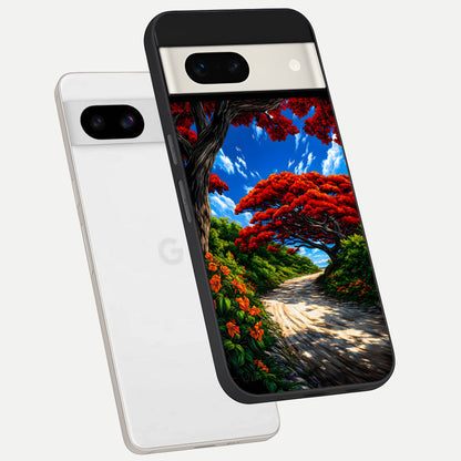  Red Trees Pathway phone case For Google Pixel 7A showing premium glass back cover with detailed artwork