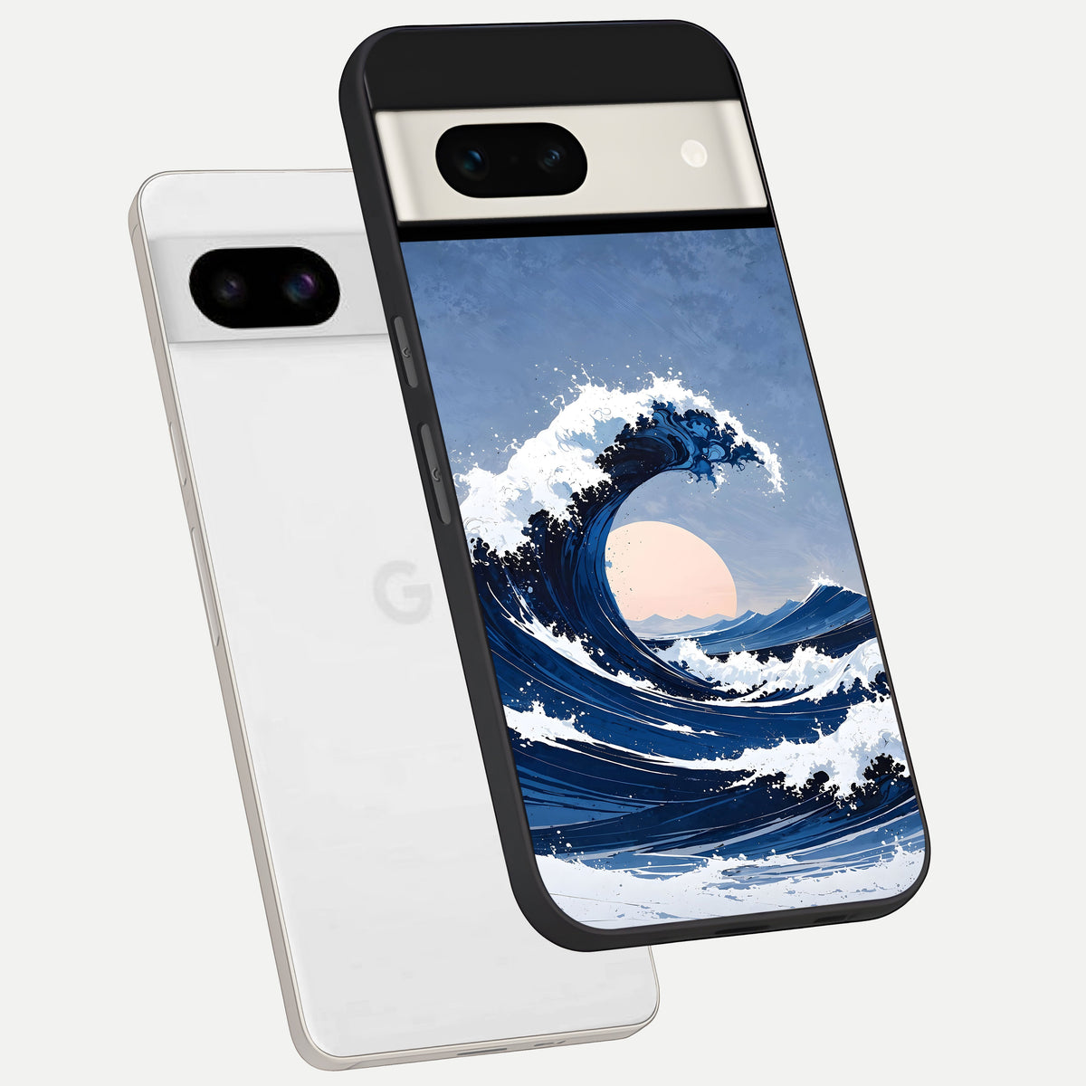  Rising Tide Power phone case For Google Pixel 7A showing premium glass back cover with detailed artwork