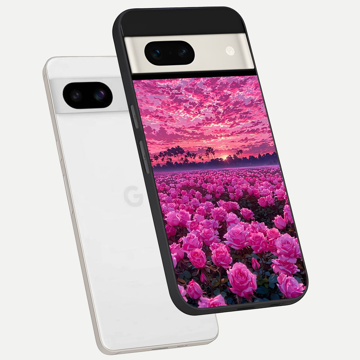 Rose Sunset Valley phone case For Google Pixel 7A showing premium glass back cover with detailed artwork