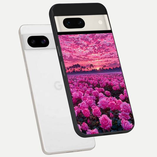  Rose Sunset Valley phone case For Google Pixel 7A showing premium glass back cover with detailed artwork