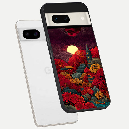  Scarlet Autumn Temple phone case For Google Pixel 7A showing premium glass back cover with detailed artwork