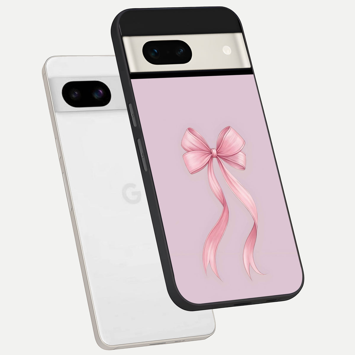  Soft Blush Bow phone case For Google Pixel 7A showing premium glass back cover with detailed artwork