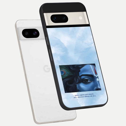  Spiritual Krishna phone case For Google Pixel 7A showing premium glass back cover with detailed artwork
