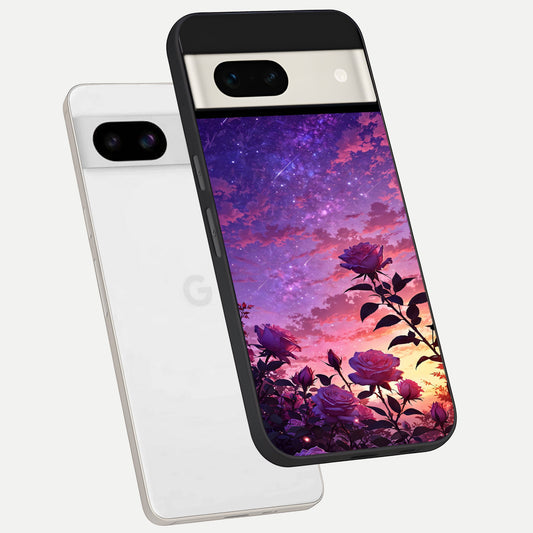  Starlit Rose Twilight phone case For Google Pixel 7A showing premium glass back cover with detailed artwork