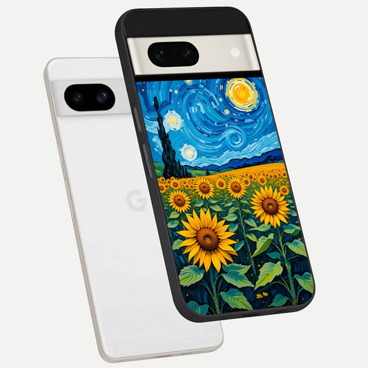  Starry Sunflower Dreams phone case For Google Pixel 7A showing premium glass back cover with detailed artwork