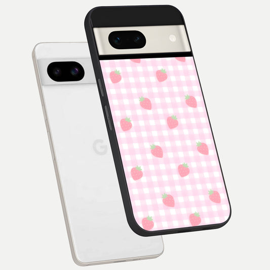  Strawberry Picnic Love phone case For Google Pixel 7A showing premium glass back cover with detailed artwork