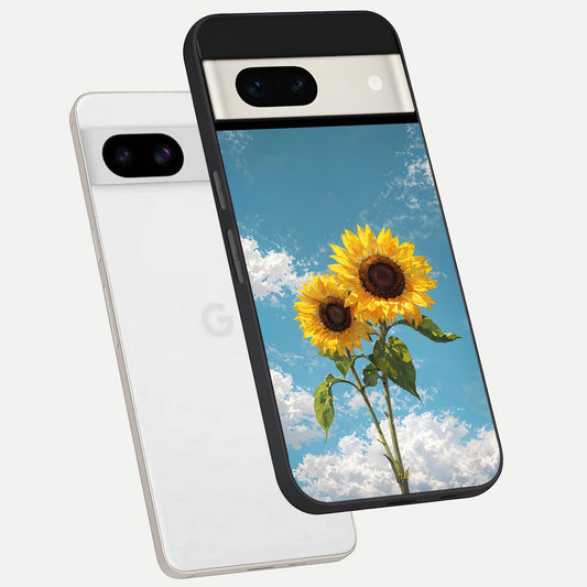  Sunlit Daisy Glow phone case For Google Pixel 7A showing premium glass back cover with detailed artwork