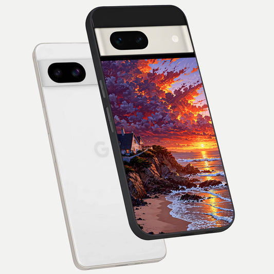  Sunset House By Sea phone case For Google Pixel 7A showing premium glass back cover with detailed artwork