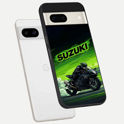  Suzuki Speed Beast phone case For Google Pixel 7A showing premium glass back cover with detailed artwork