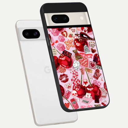  Sweet Cherry Chaos phone case For Google Pixel 7A showing premium glass back cover with detailed artwork