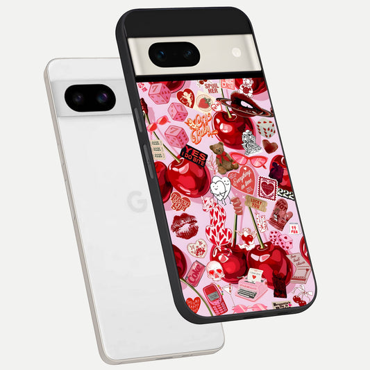  Sweet Cherry Chaos phone case For Google Pixel 7A showing premium glass back cover with detailed artwork