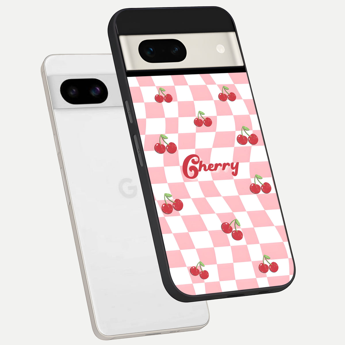  Sweet Cherry Vibes phone case For Google Pixel 7A showing premium glass back cover with detailed artwork